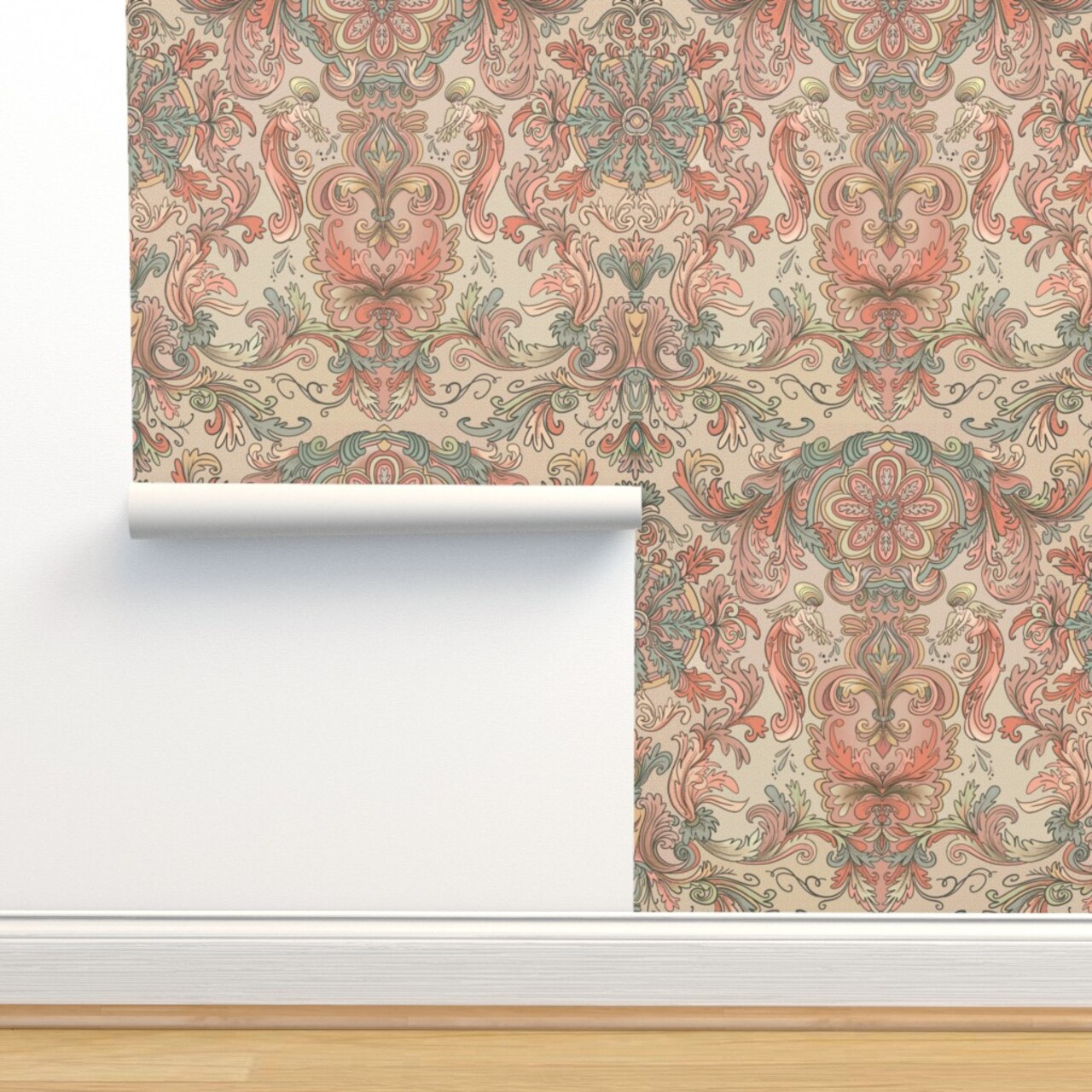 Pink Florla Teal Wallpaper Angels Italian Coral Baroque Ancient Acanthus Rococo Rosette Large Scale Custom Removable Wallpaper by Spoonflower Peel & Stick Wallpaper 2FT Wide